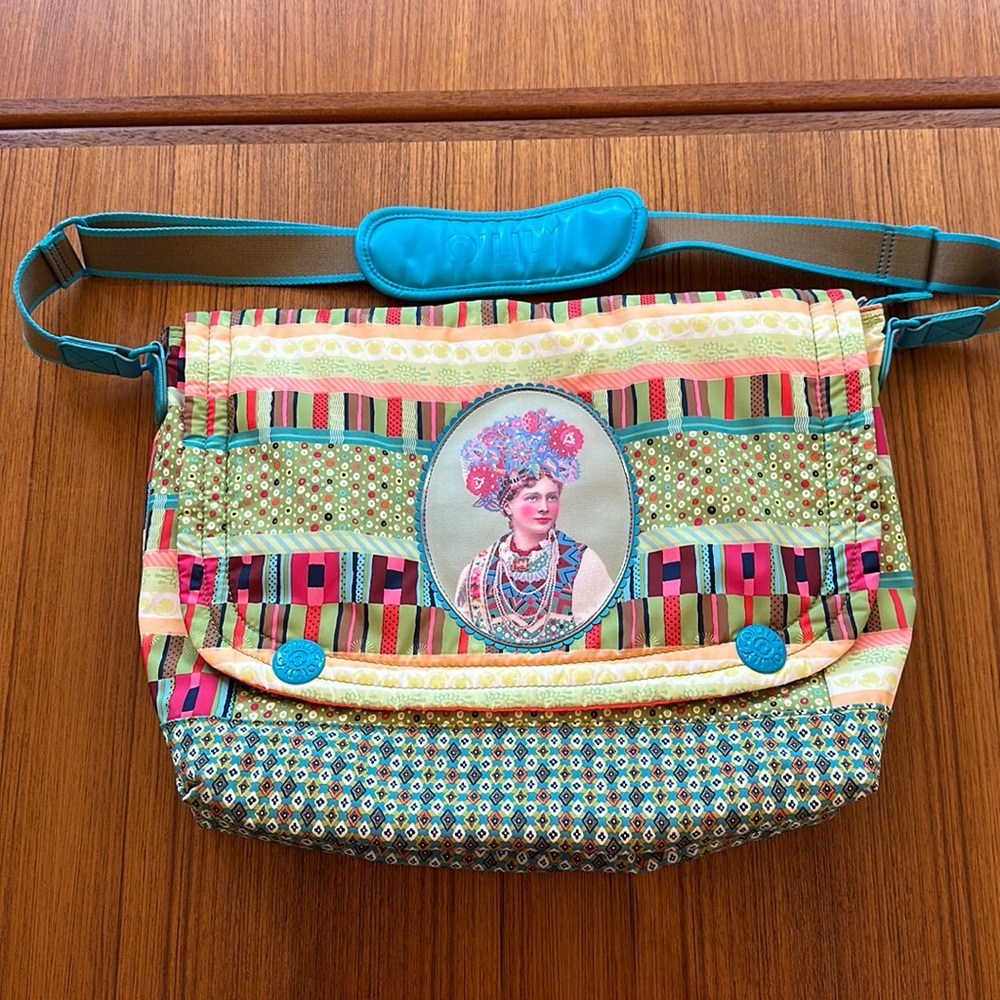 Oilily Multicolor Patterned Laptop Messenger Bag with Teal Accents